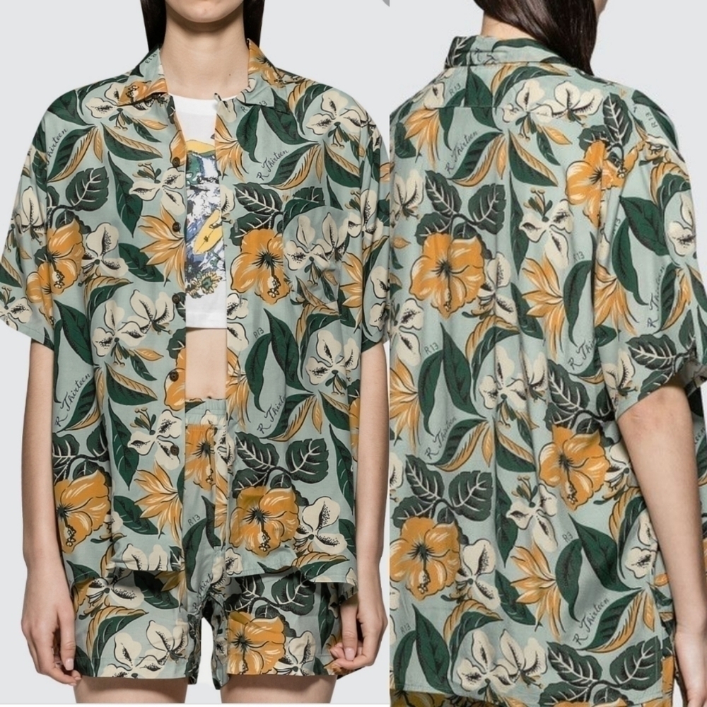New R13 ​Logo Hawaiian Tropical-Print Oversized Unisex Shirt In Blue Floral NWT